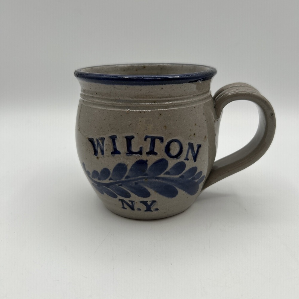 Westerwald Pottery Wilton NY Stoneware Mug Signed 3.5 in Blue Leaf PA Made USA